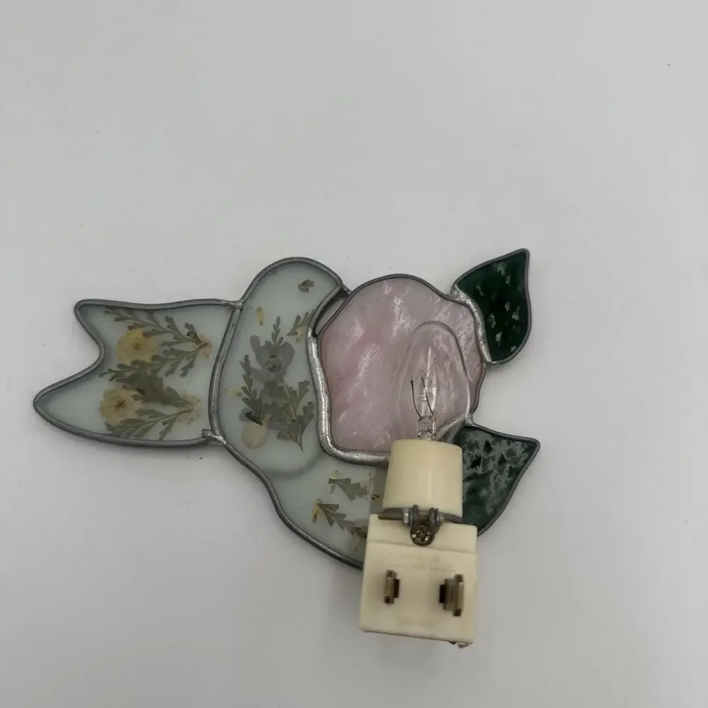 Vintage Tiffany Style Stained Glass Nightlight Hummingbird & Dried Flowers